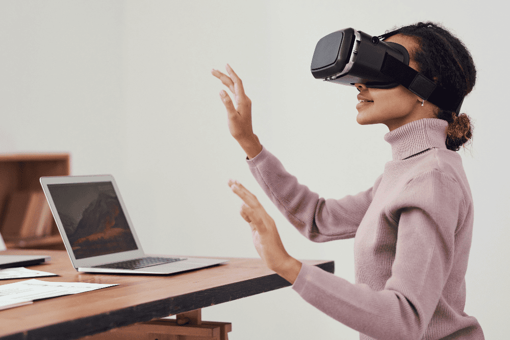 Woman using virtual reality to remote work from home