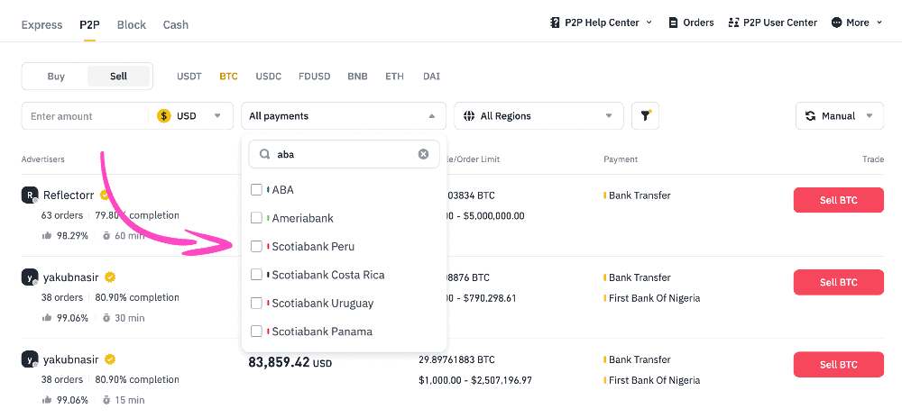 Binance P2P has a long list of banks and options for you to choose for your transactions.